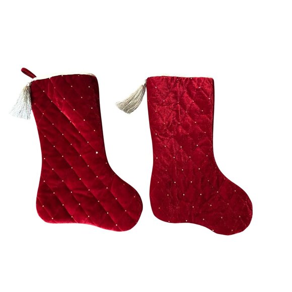 Set of 2 Red Quilted Velvet-Like Christmas Stockings Gold Tassel Holiday Decor - Picture 1 of 10